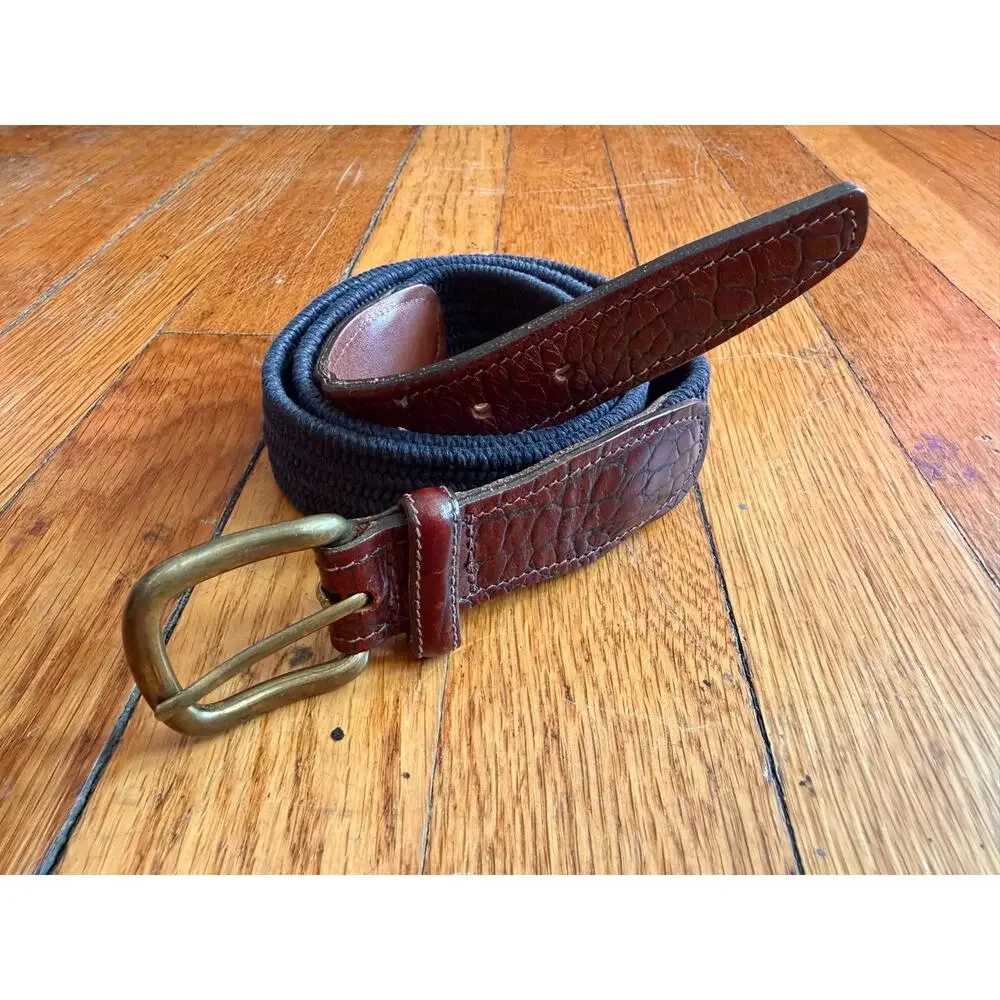 BROOKS BROTHERS Distressed Navy Stretch Belt w/Leather Trim sz 38 (Runs small)